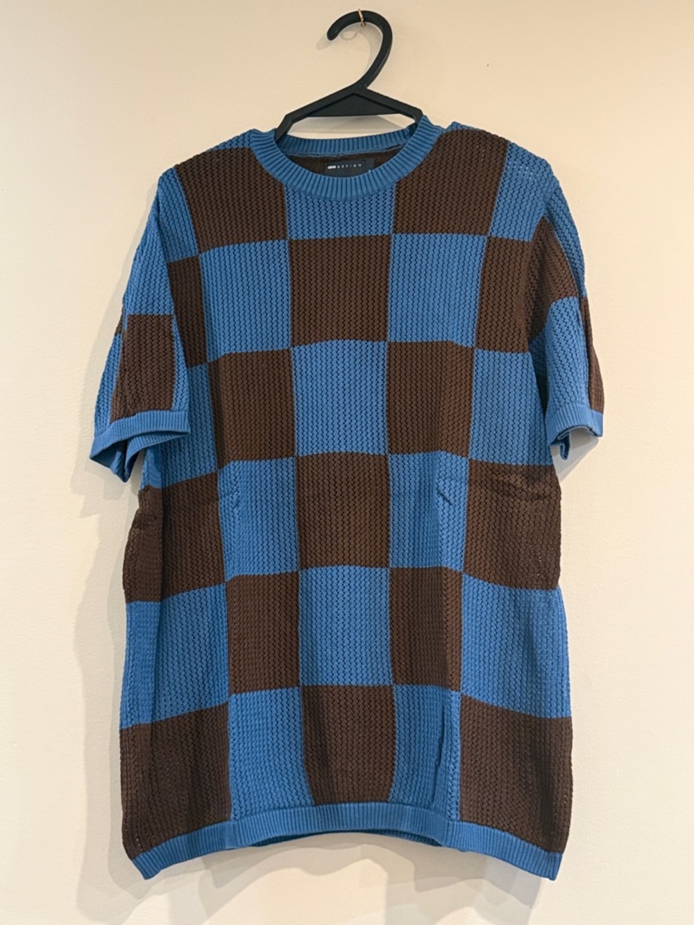 ASOS Blue and Brown Checkerboard Knit Short Sleeve Tee
